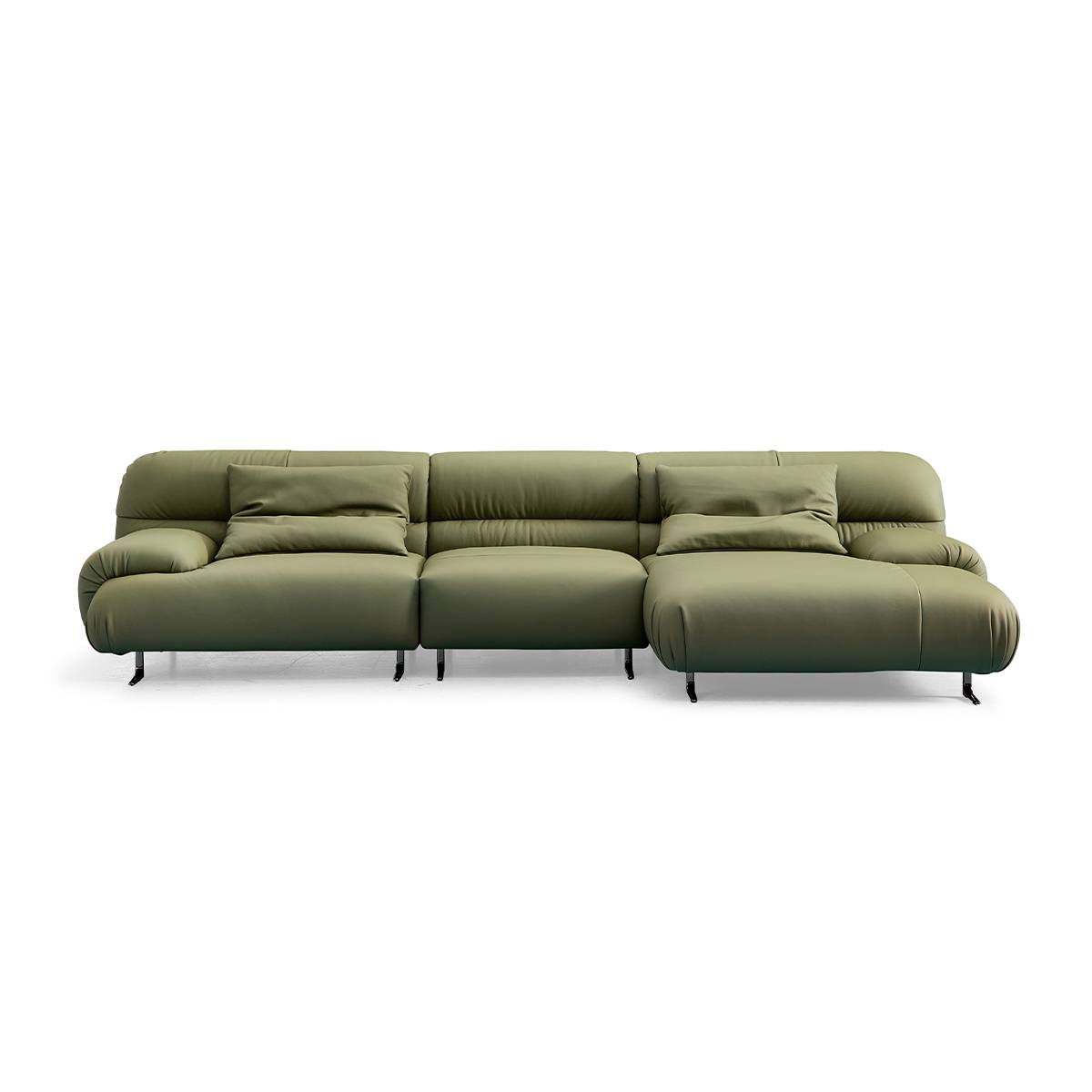 Front view of olive green leather modular sofa
