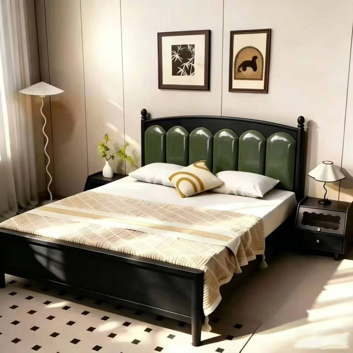 Black wood mid-century bed with green velvet headboard in a styled bedroom