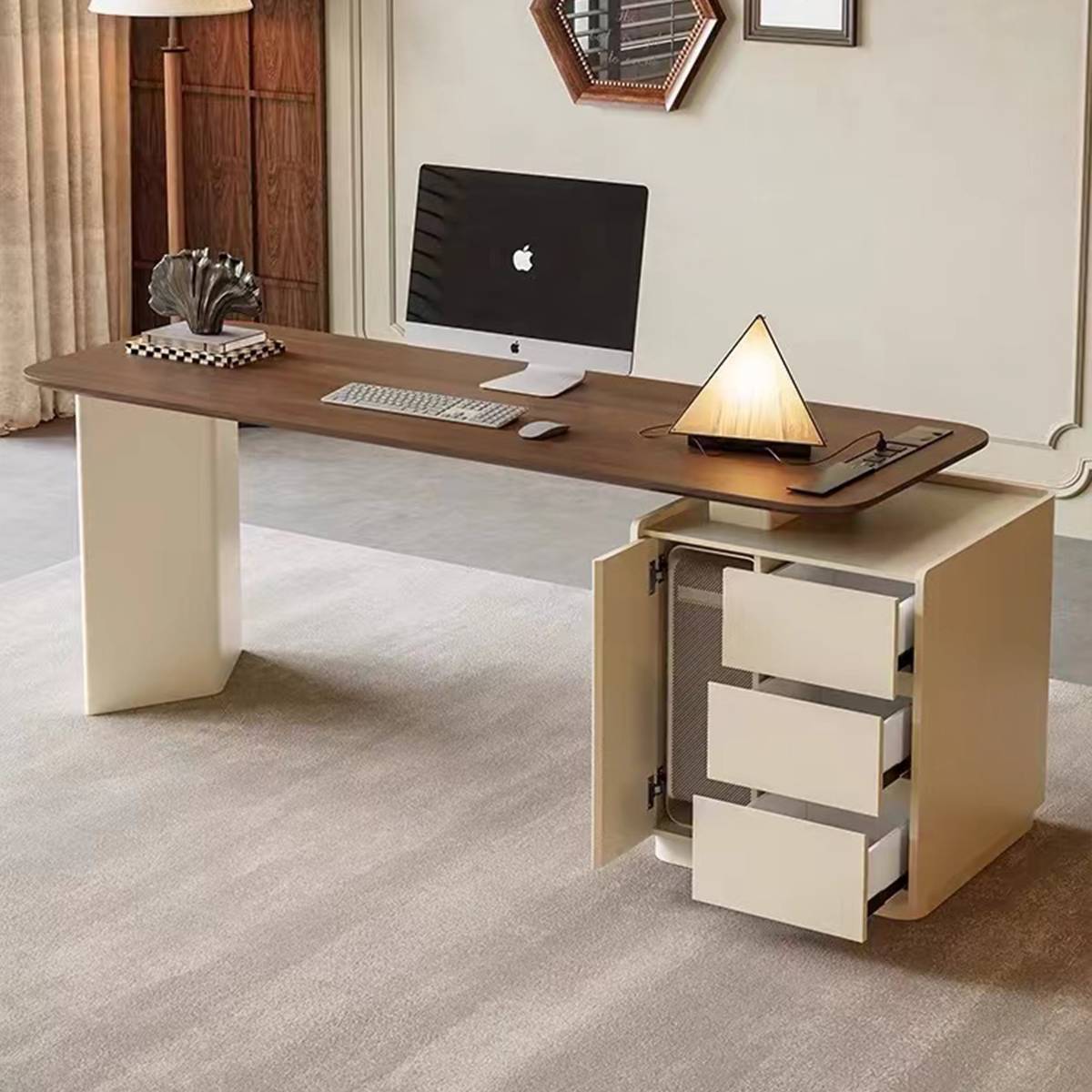 Close-up of the desk storage unit with the cabinet door and drawers open