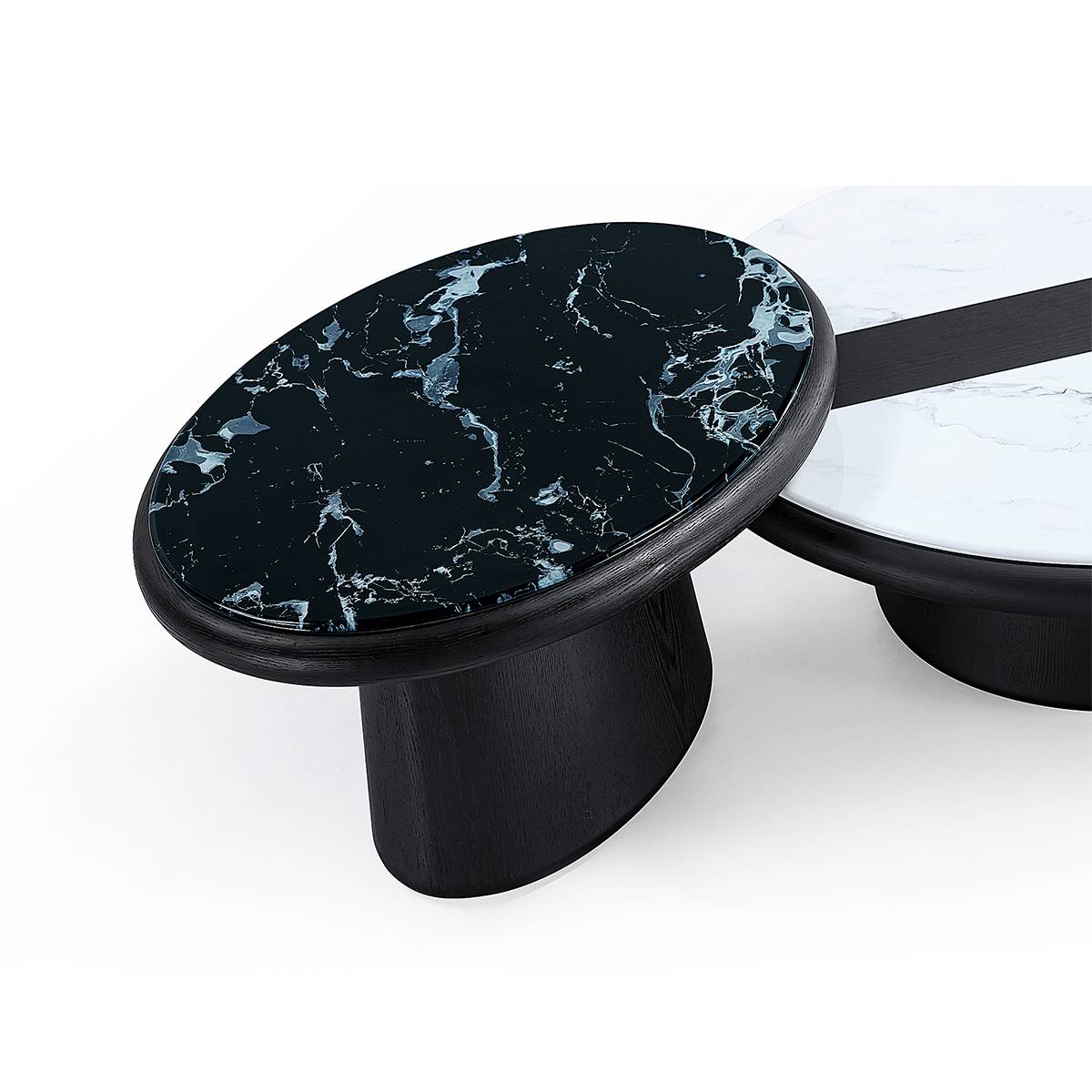 Close-up view of the black marble top coffee table showing the stone texture and wood veneer base.
