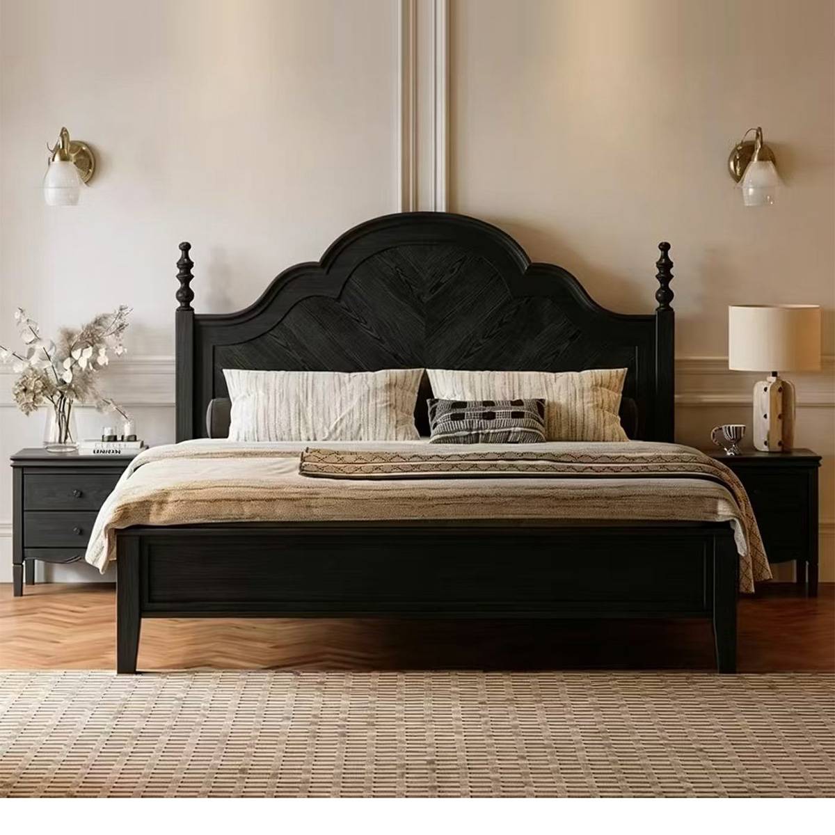 Black finish mid-century solid wood bed with matching nightstands