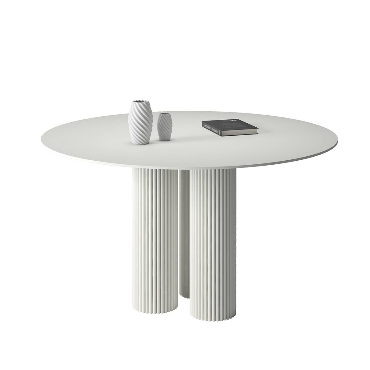 Studio shot of the white round dining table against a white background.