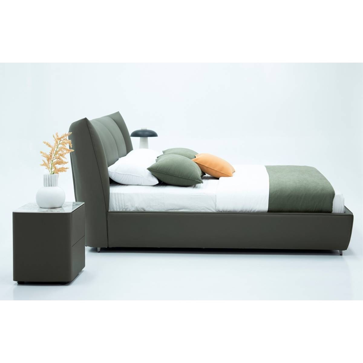 Side profile view of the bed frame and headboard design