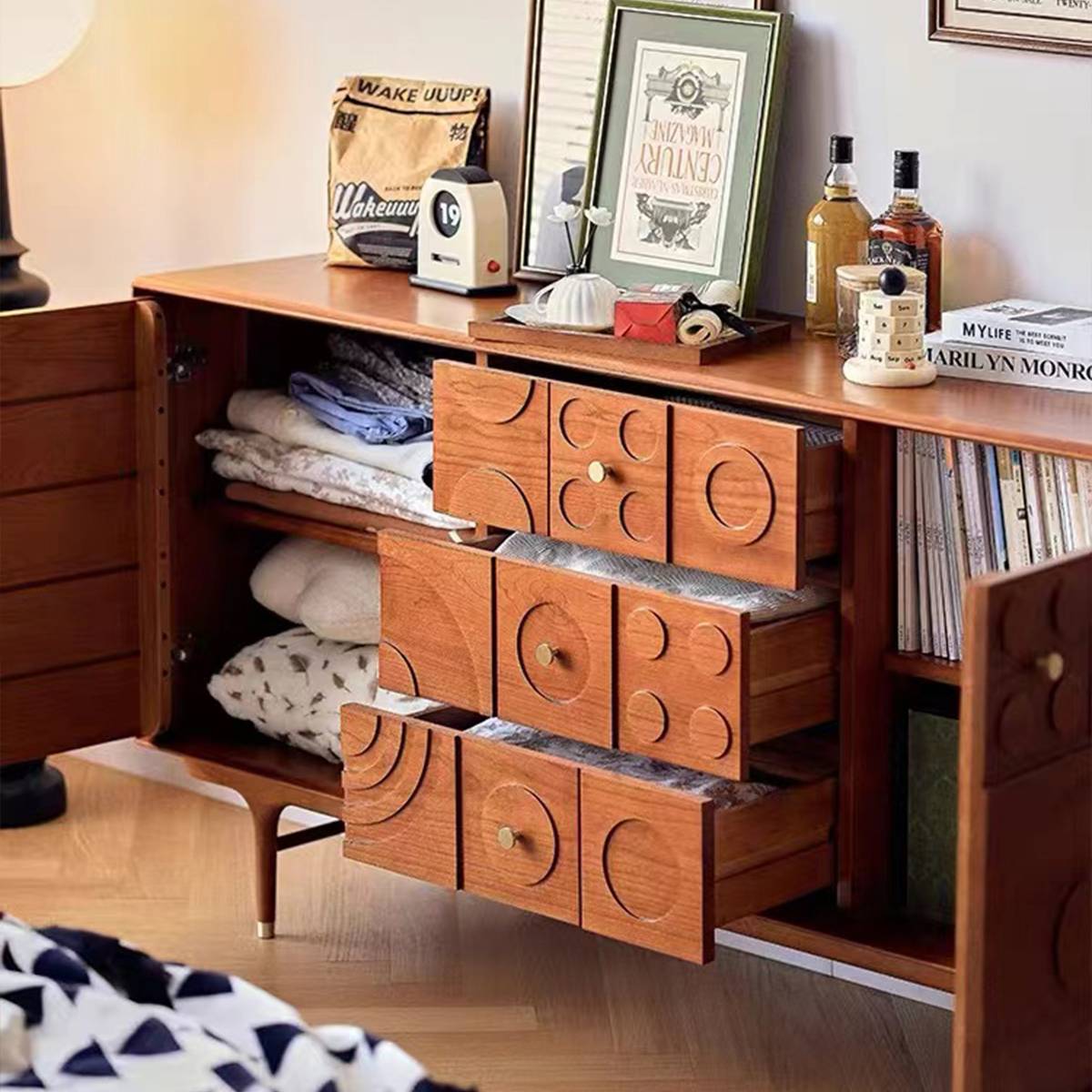 Sideboard with drawers and cabinet doors open to reveal storage space