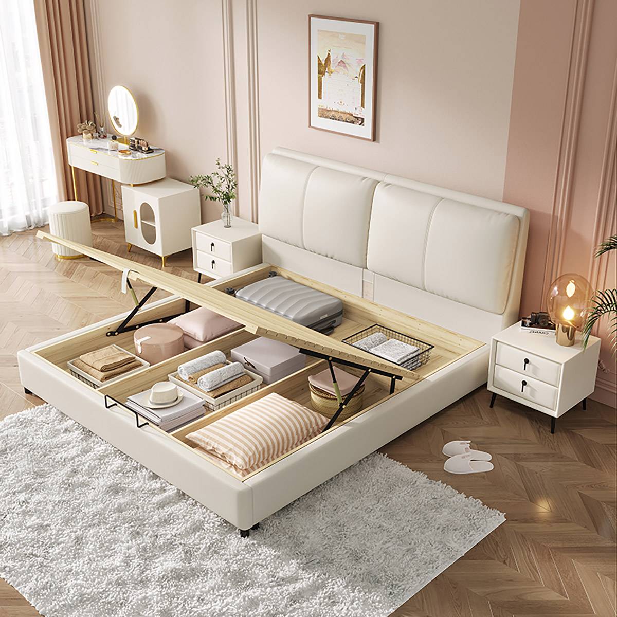Grey upholstered bed with storage base in a modern bedroom setting