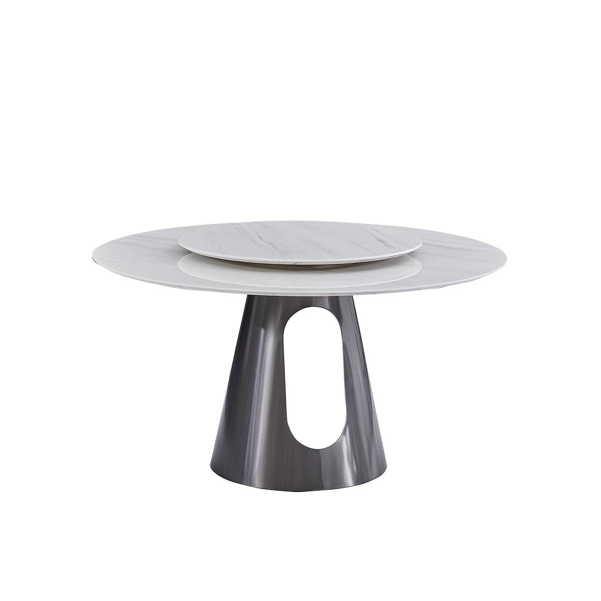Close-up of the round dining table showing the rotating tray and pedestal base