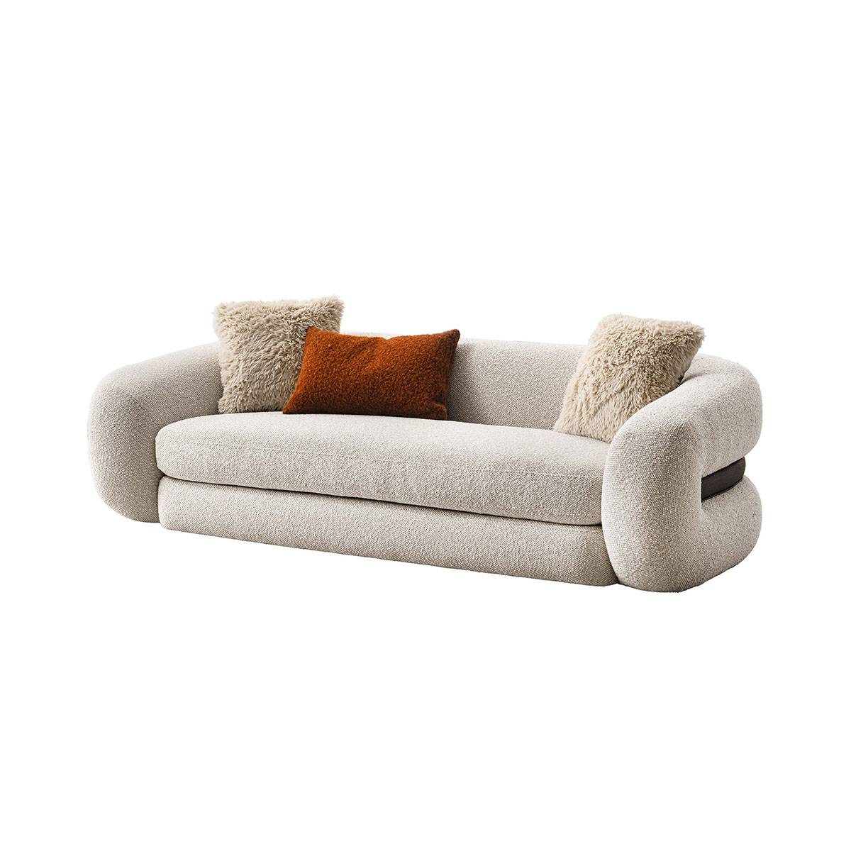 Angled front view of the Balaka sofa showing the rounded armrests