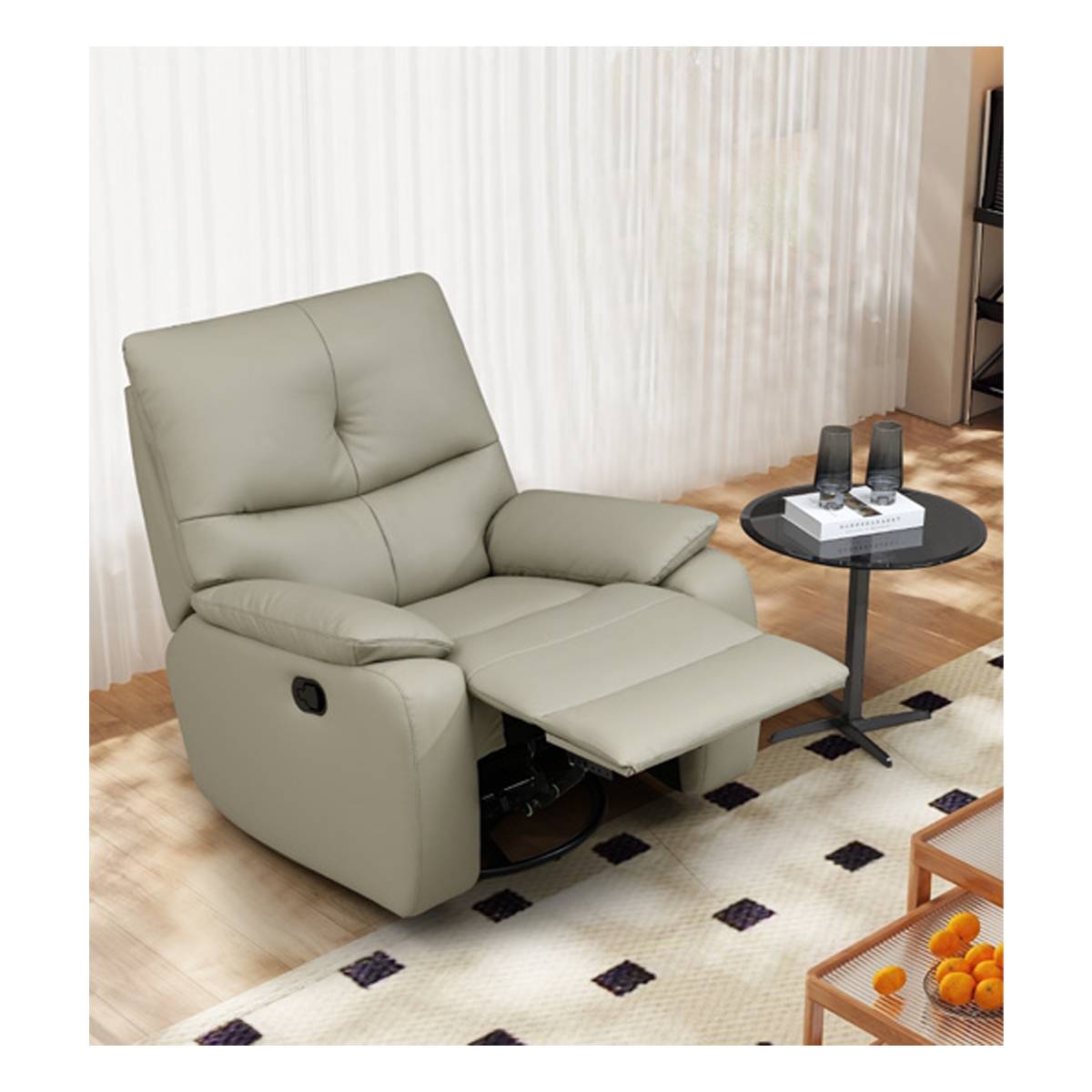 Beige manual recliner chair in reclined position showing footrest