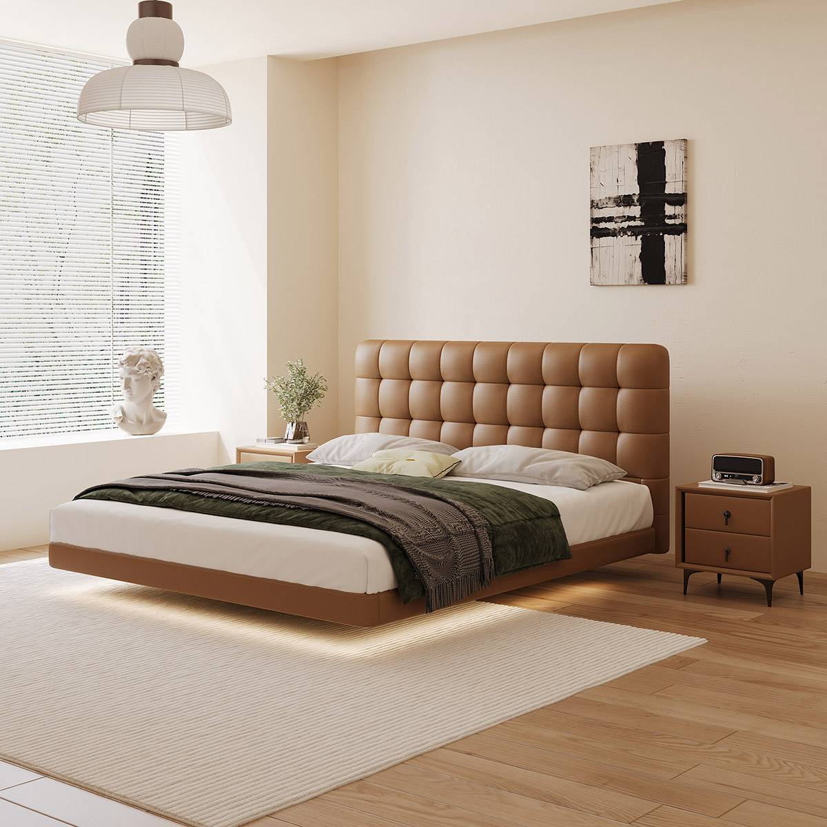 Brown eco-leather floating bed with tufted headboard and LED lighting