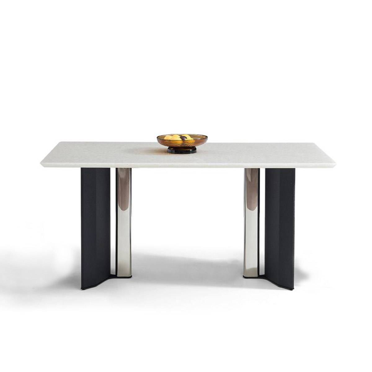 Front view of the dining table showing the steel and stone construction