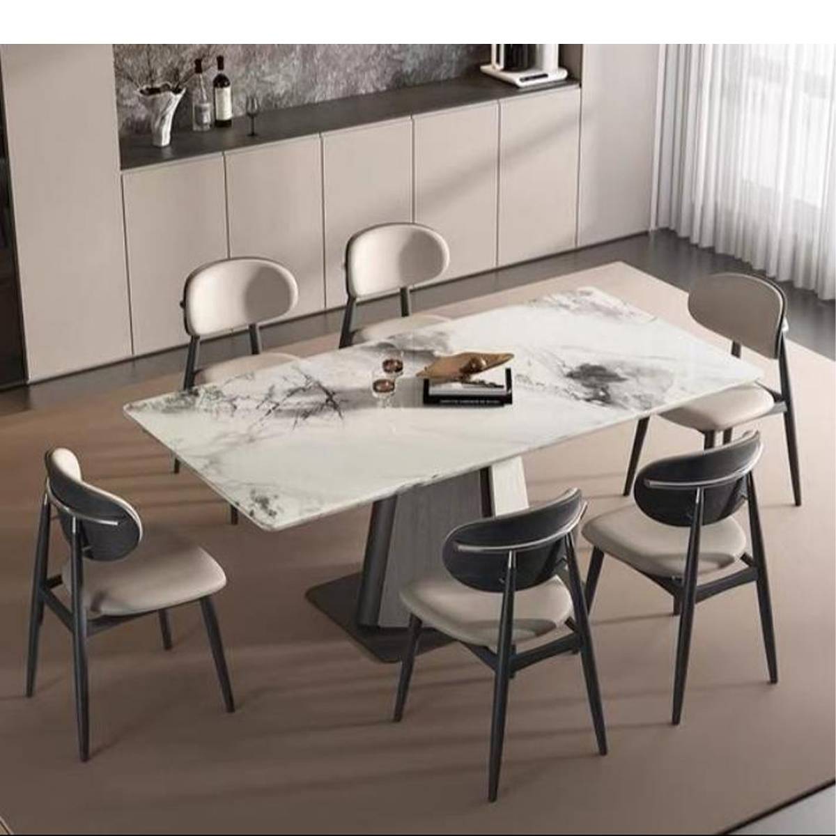 High-angle view of the dining table surrounded by six chairs