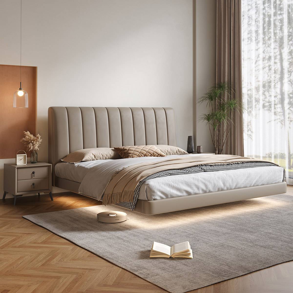 Beige eco-leather bed with tufted headboard in a modern bedroom setting