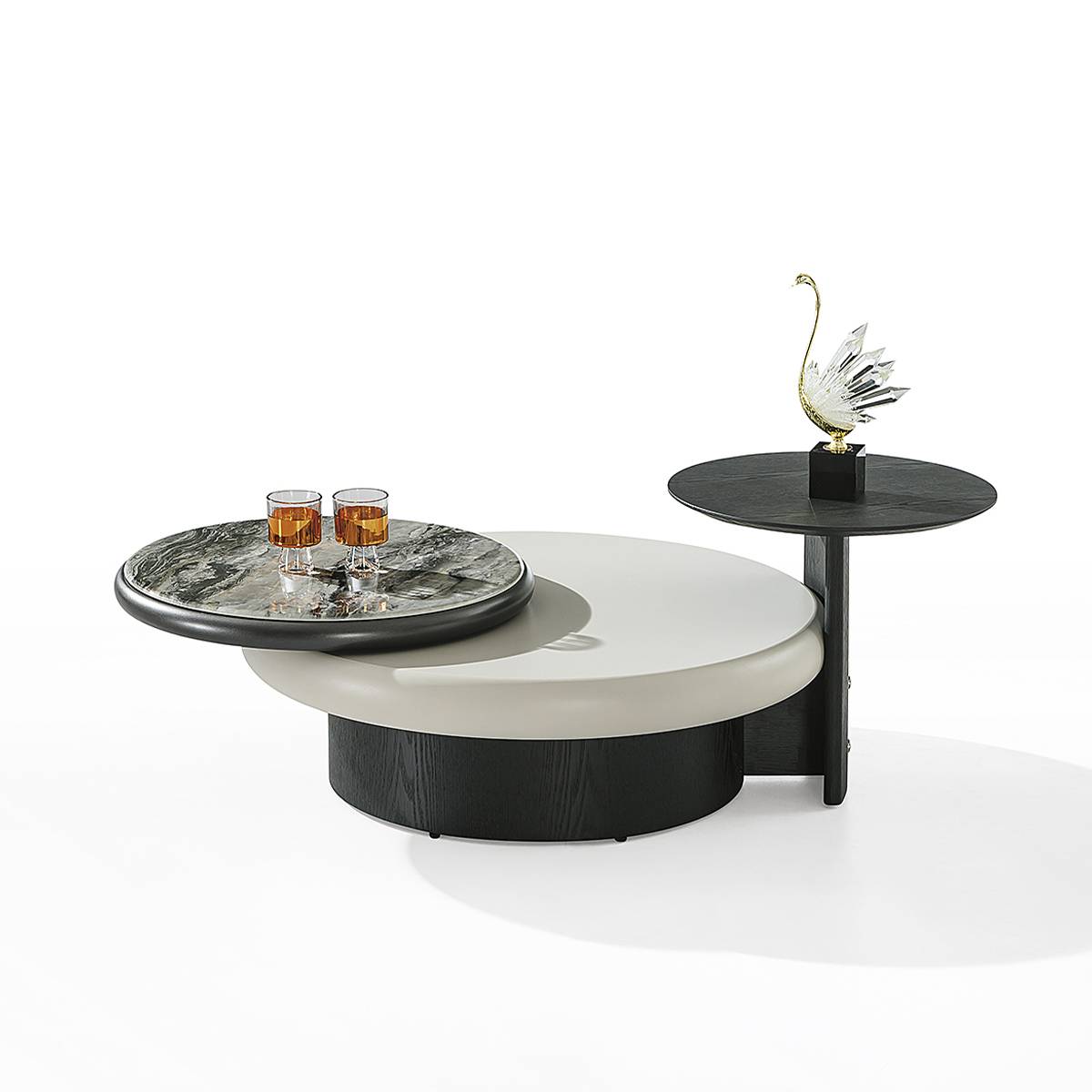 Side view of the coffee table set showing the layered design and materials