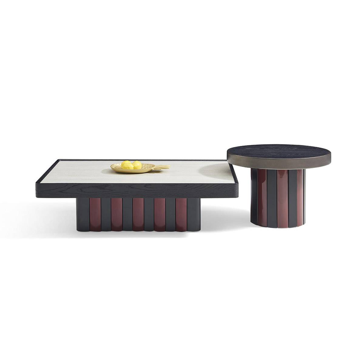 Front view of the combination coffee table set highlighting the alternating vertical slats of the base.