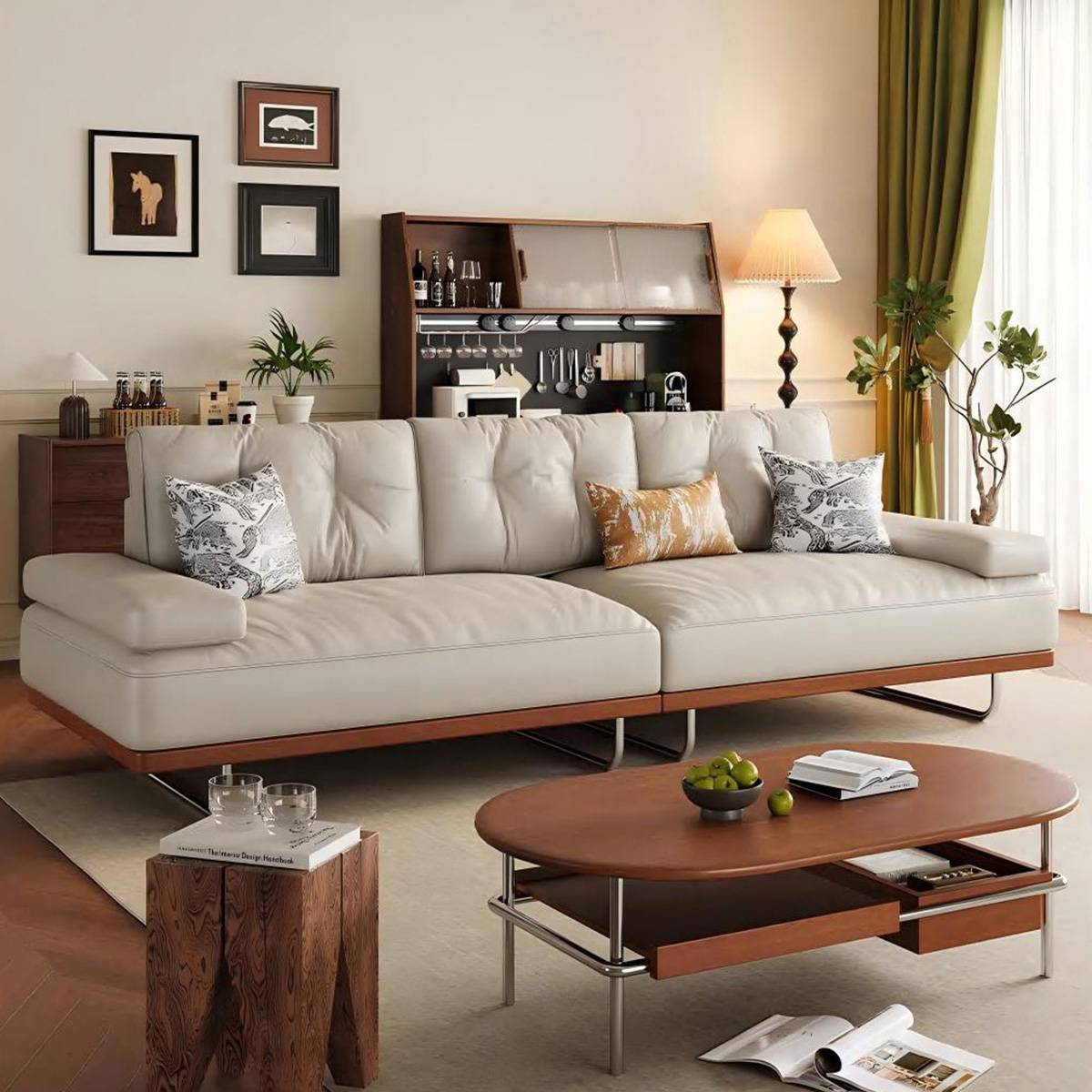 Cream-colored sofa in a living room setting with a coffee table and sideboard