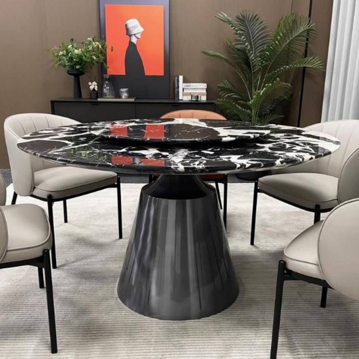Bulgari Black Natural Marble Luxury Round Dining Table with Bullet Base (Z60-S63)