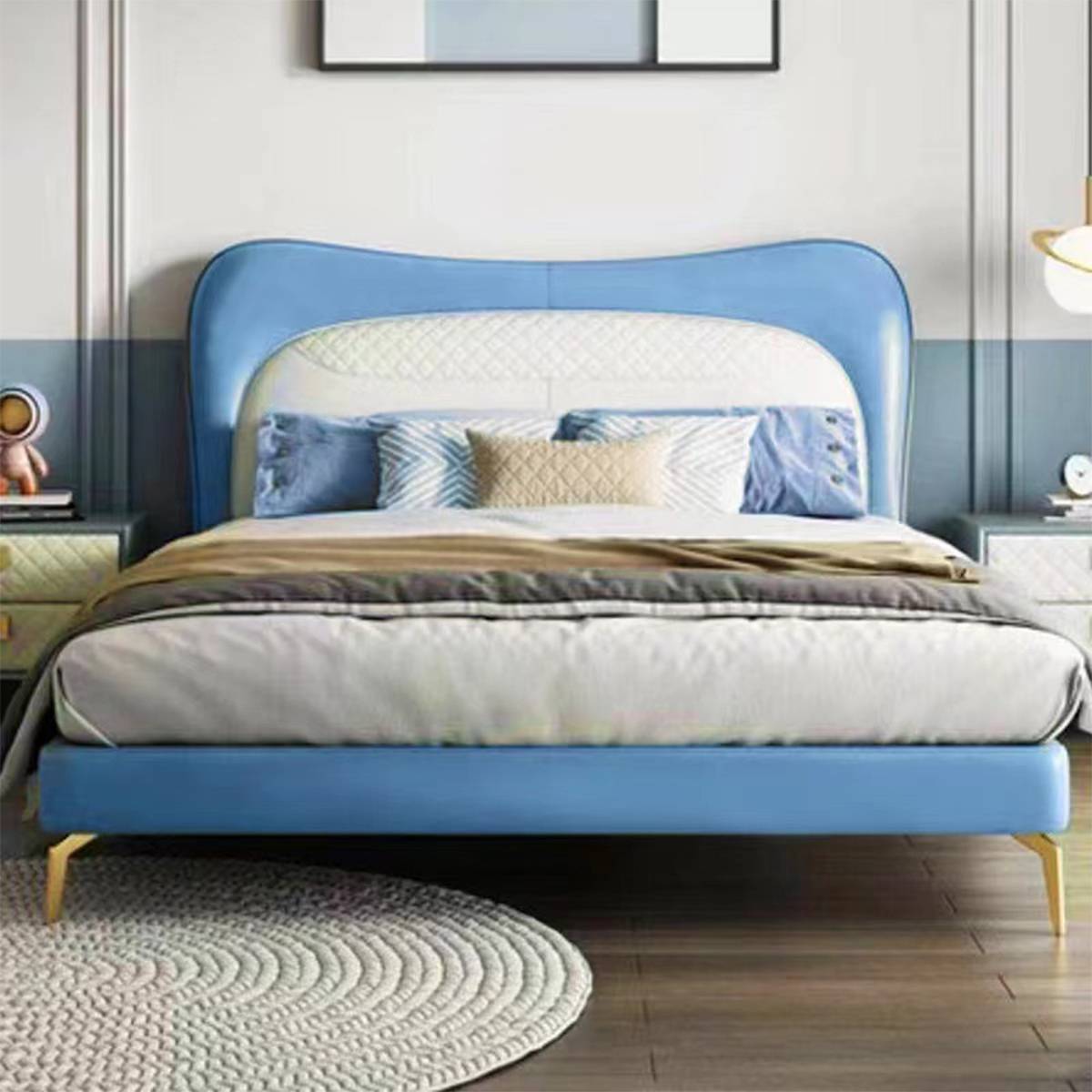 Light blue and white modern soft bed with curved headboard