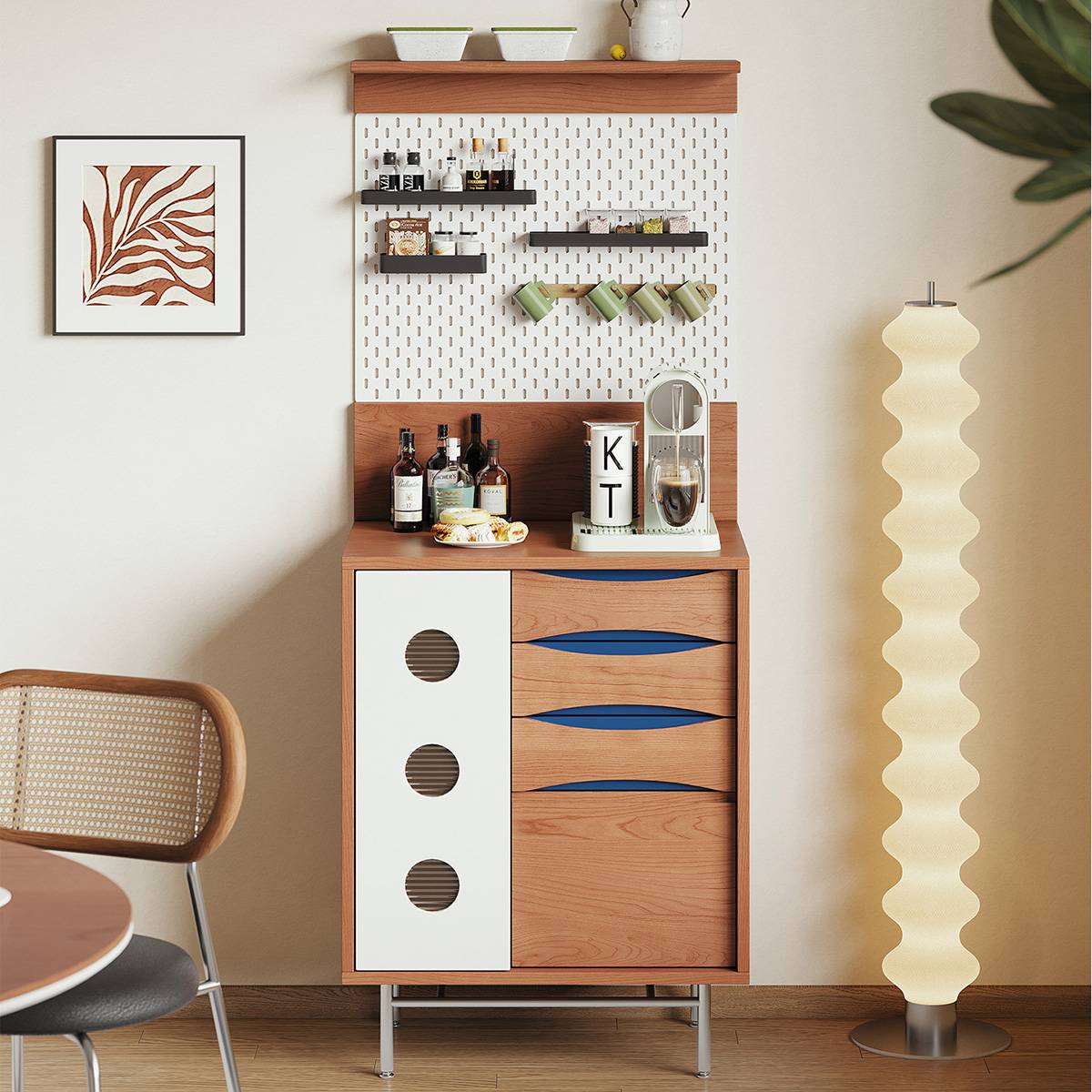 Sideboard with closed drawers and cabinet door showing color blocking