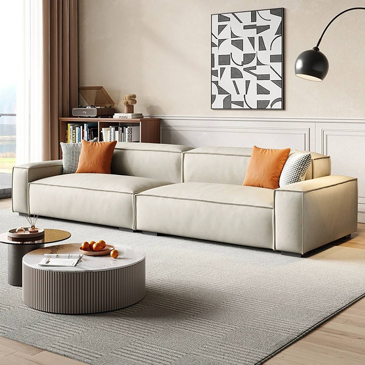 Black leather Tofu Block sofa in a living room with checkered floor