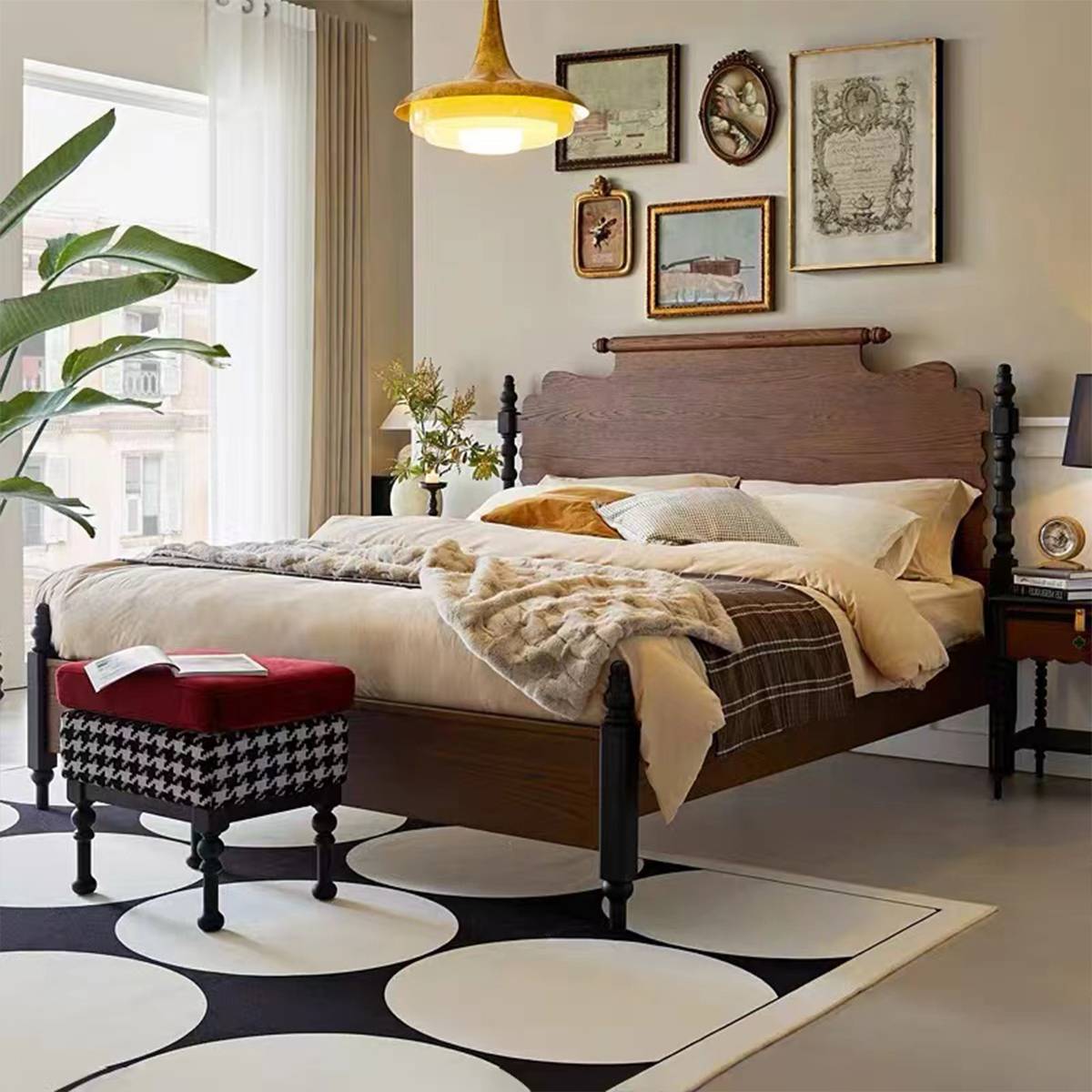 Front view of the mid-century solid wood bed with white bedding and plaid throw