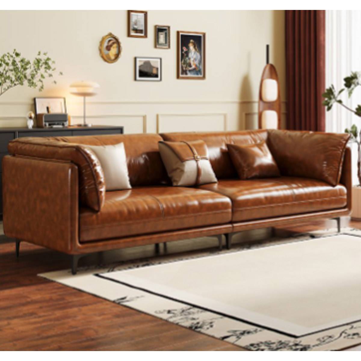 Side view of the brown vintage leather sofa