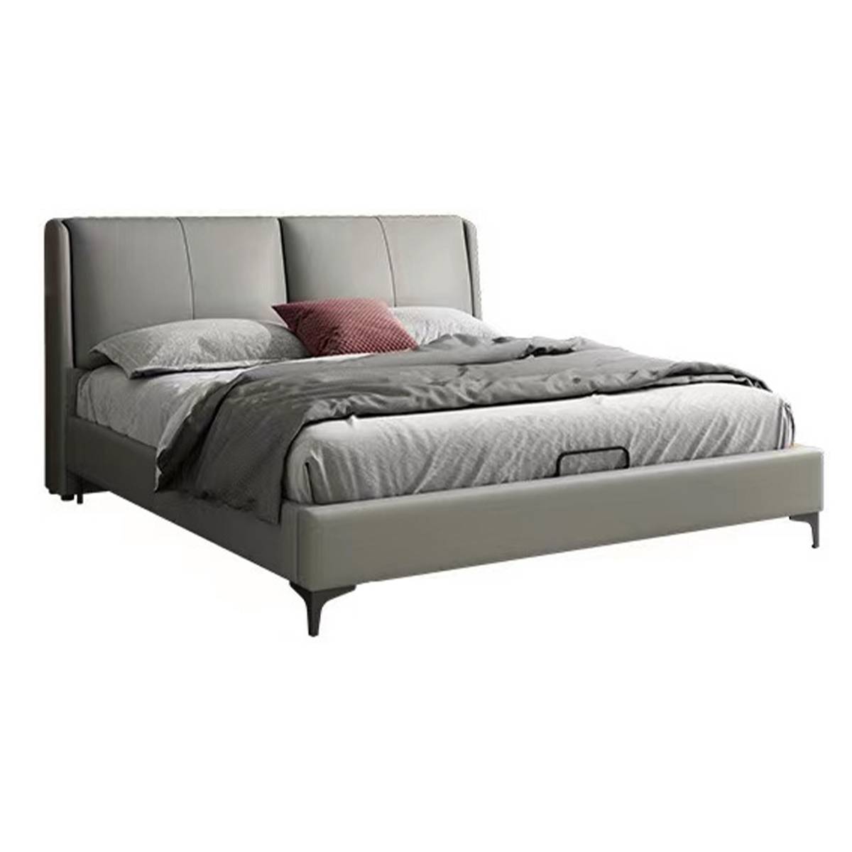 Angled studio shot of the grey upholstered bed showing the side profile and leg design.