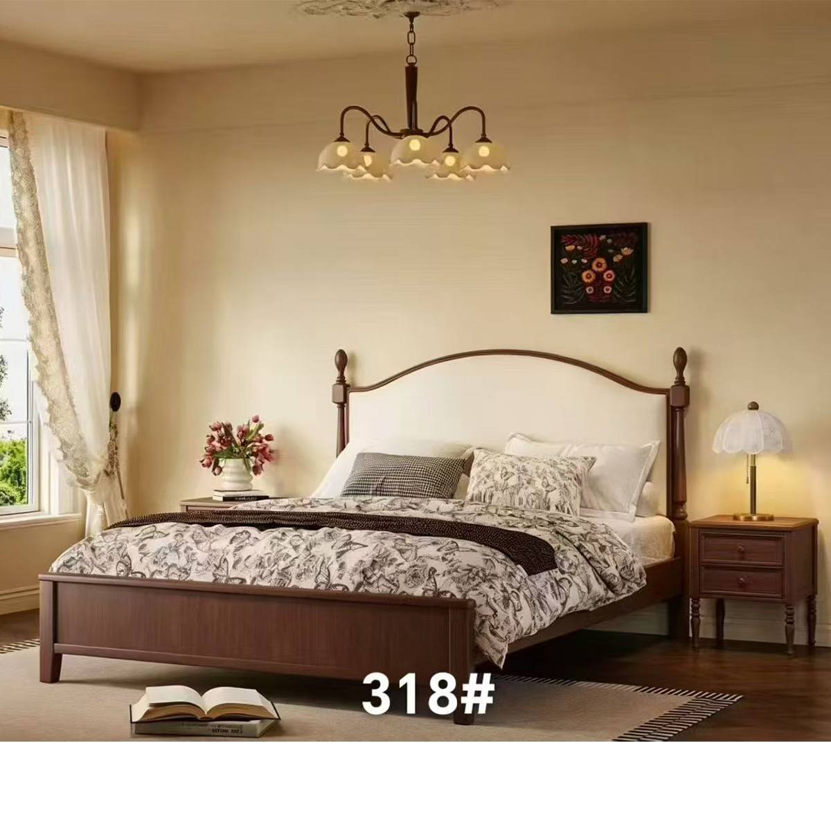Mid-century solid wood bed with eco-leather headboard with product code overlay