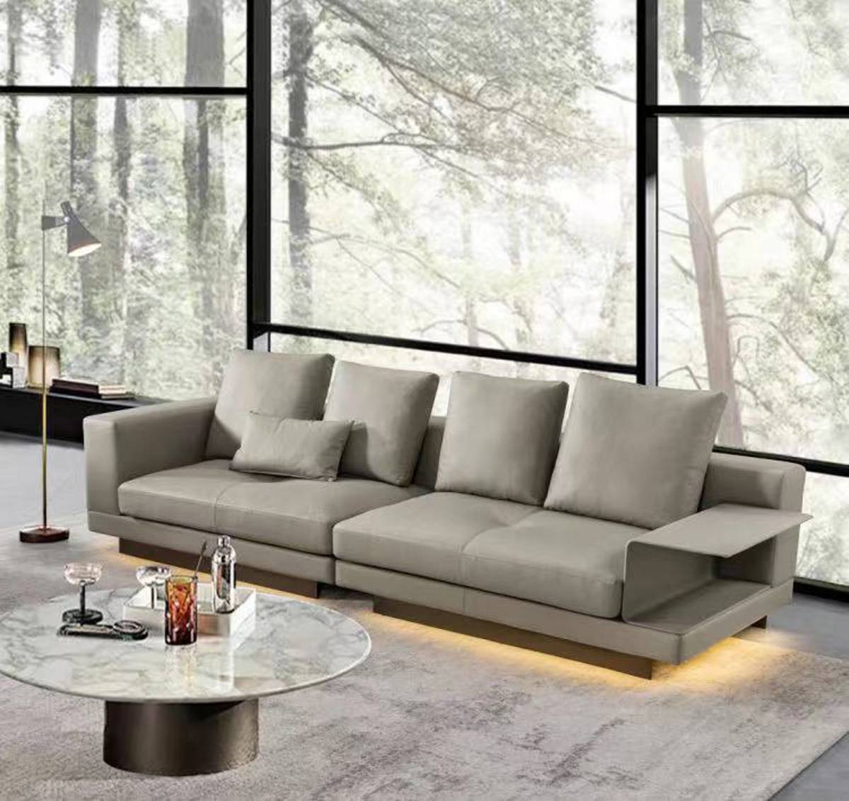 Front view of the grey Connolly 4-seater sofa with integrated side table