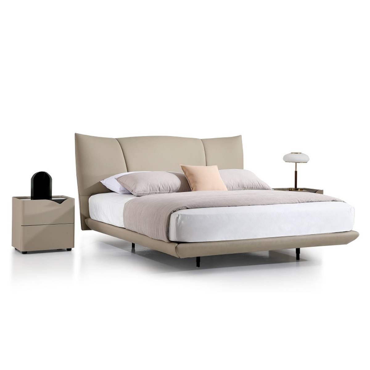Side view of the beige leather soft bed highlighting the low profile frame