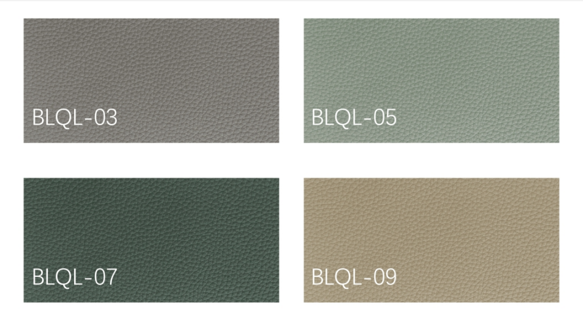 Color swatch chart showing BLQL-03, BLQL-05, BLQL-07, and BLQL-09 leather options