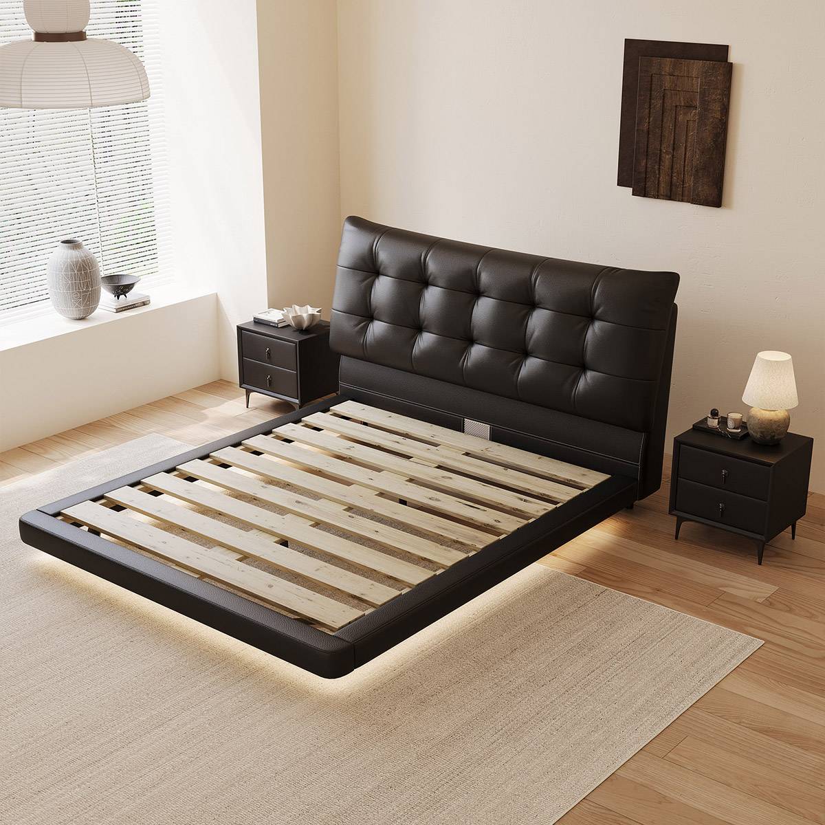 Black floating bed with wooden slats and LED lighting