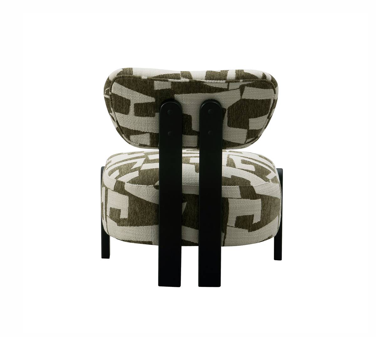 Rear view of a single chair with geometric patterned fabric and black frame