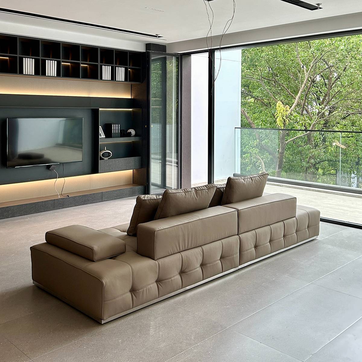 Close-up detail of the Lawrence sofa's back cushions and leather texture