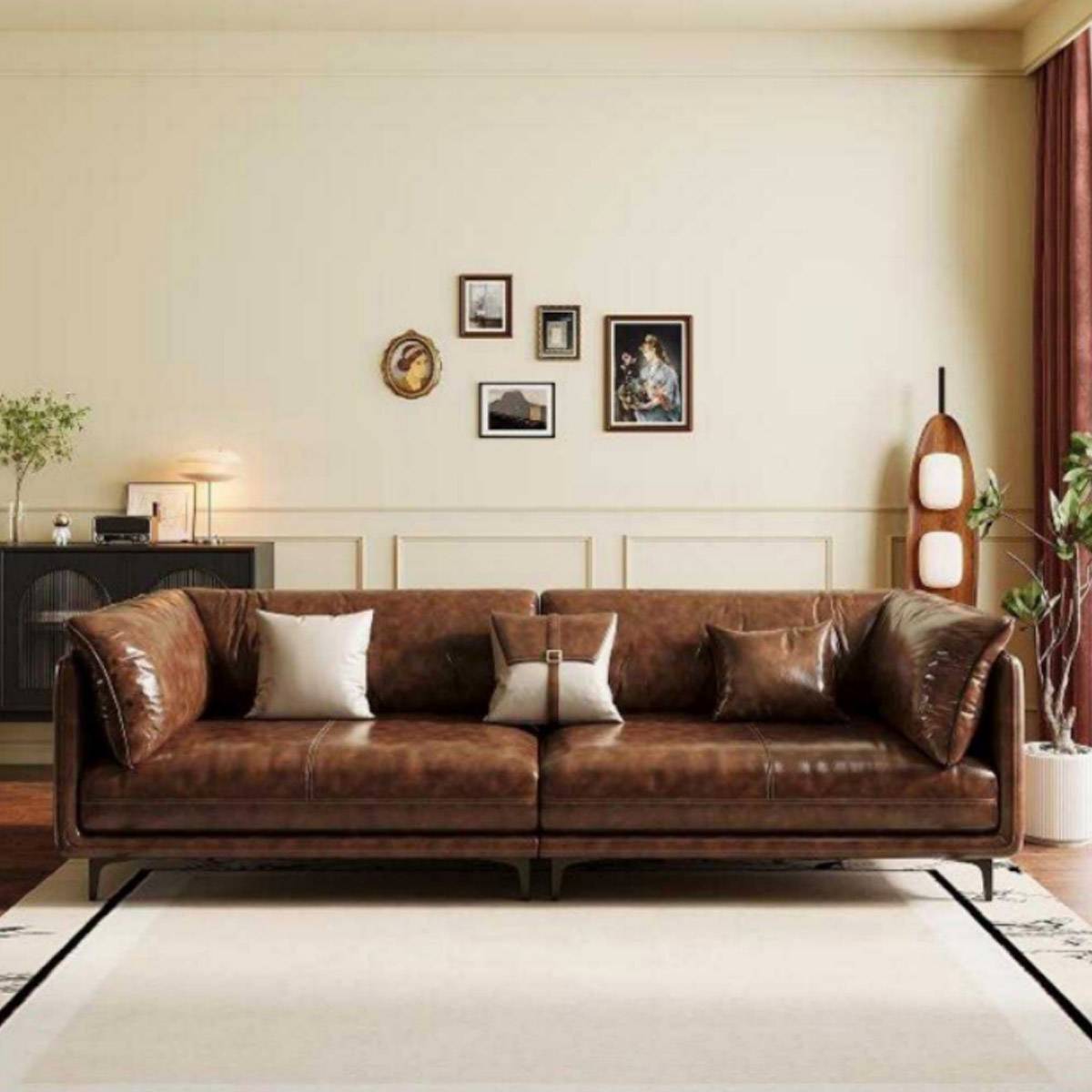 Front view of the brown vintage leather sofa