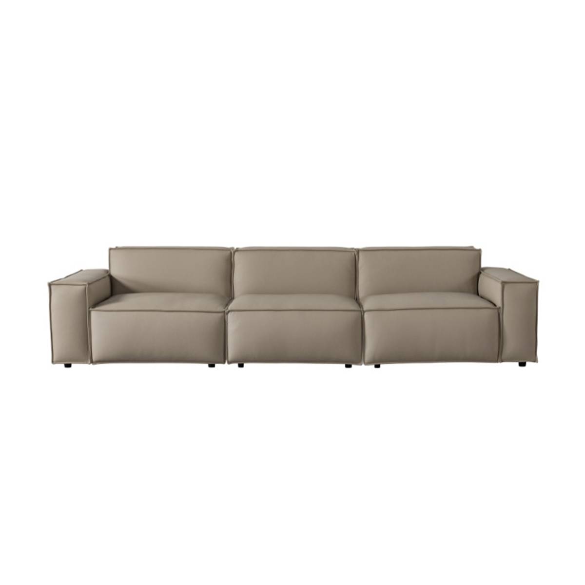 Front view of the beige straight fabric sofa with square cushions