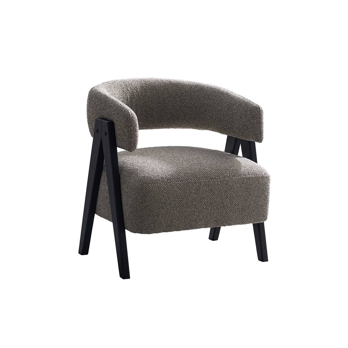 Three-quarter view of the grey fabric lounge chair against a white background