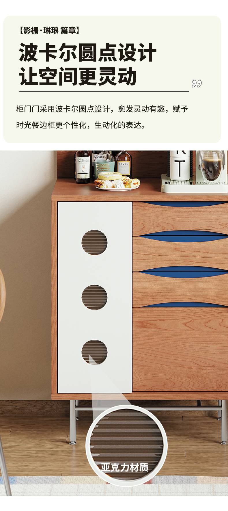 Close-up of the cabinet door featuring polka dot cutouts made of acrylic material