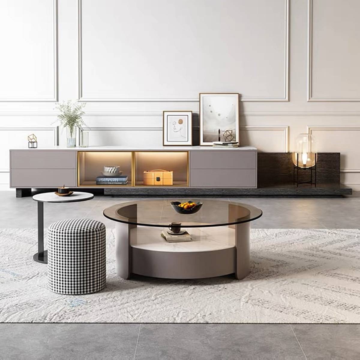 Alternative view of the TV console with glass top and illuminated storage compartments