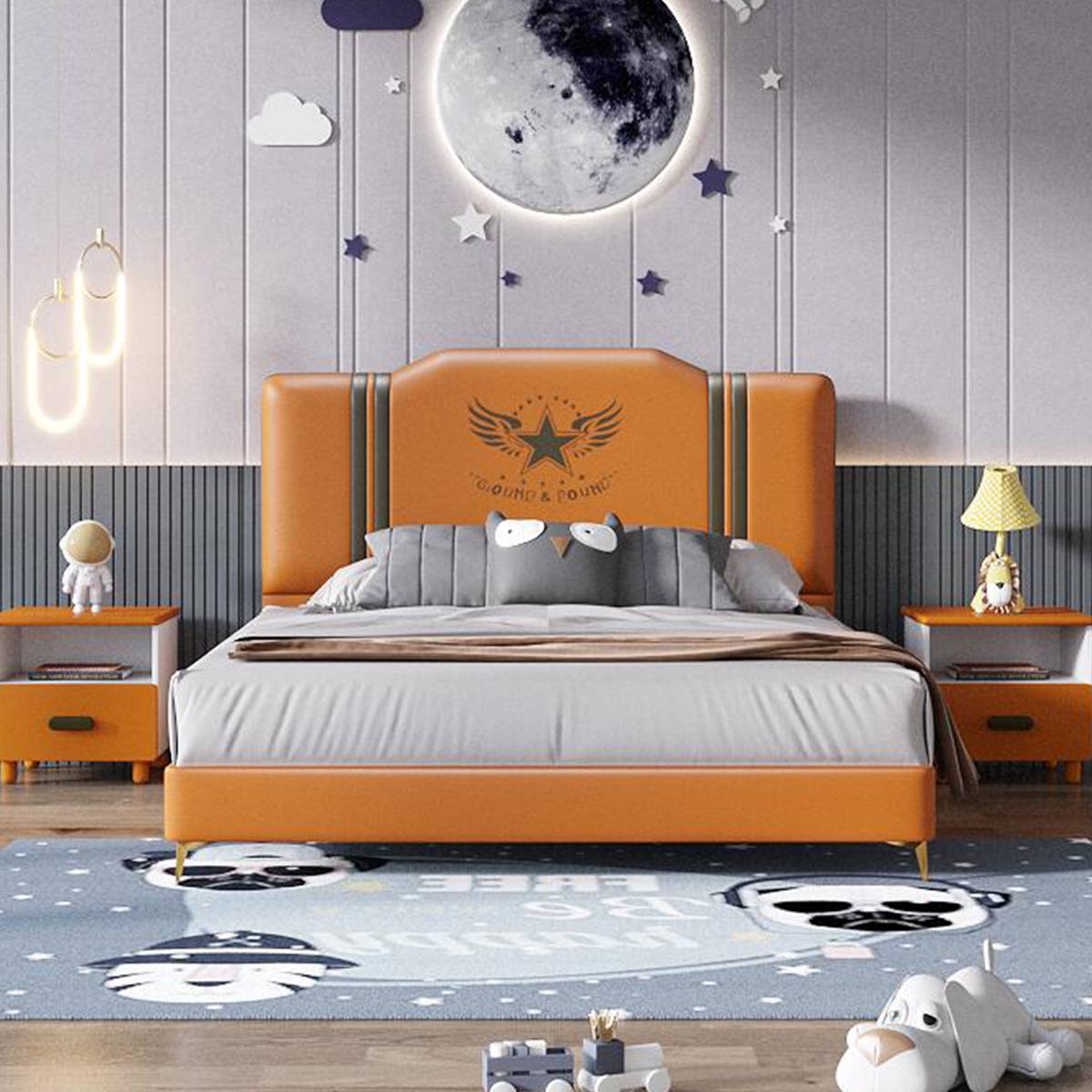 Orange upholstered children's bed with star headboard in a themed bedroom