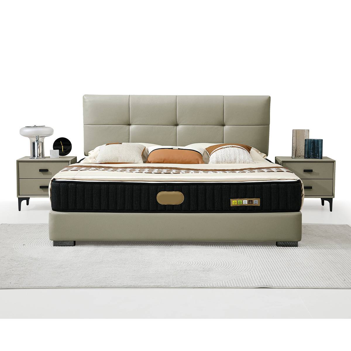 Front view of the bed frame with mattress and nightstands on a rug