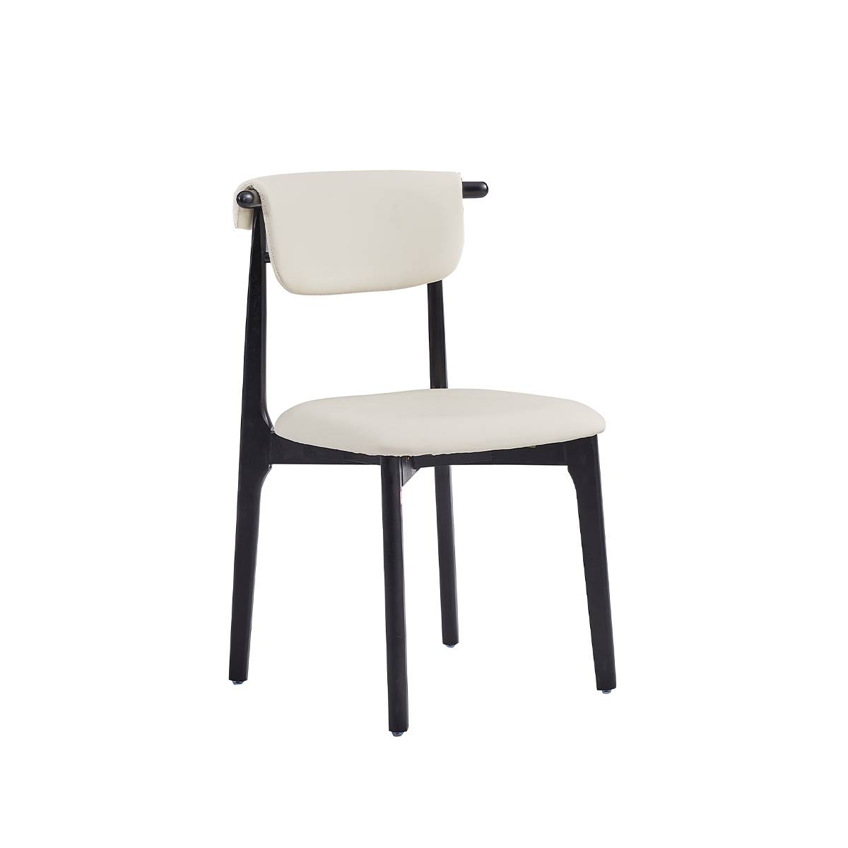 Side view of a dining chair with a black wood frame and cream lambswool upholstery