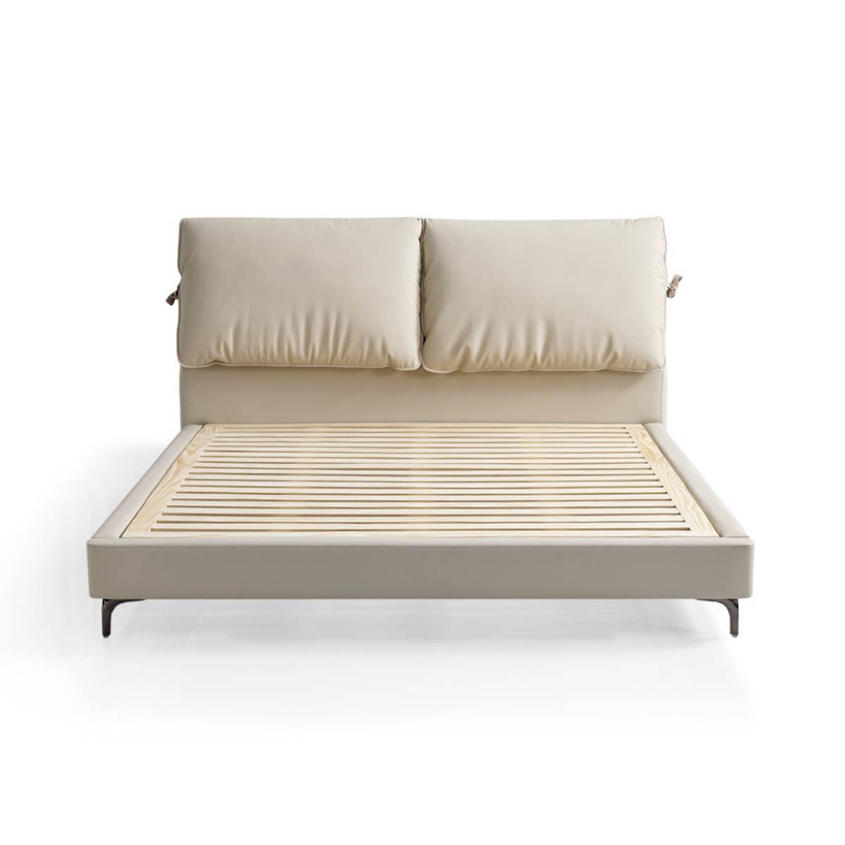 Front view of a beige upholstered bed with a padded headboard and wooden slat base