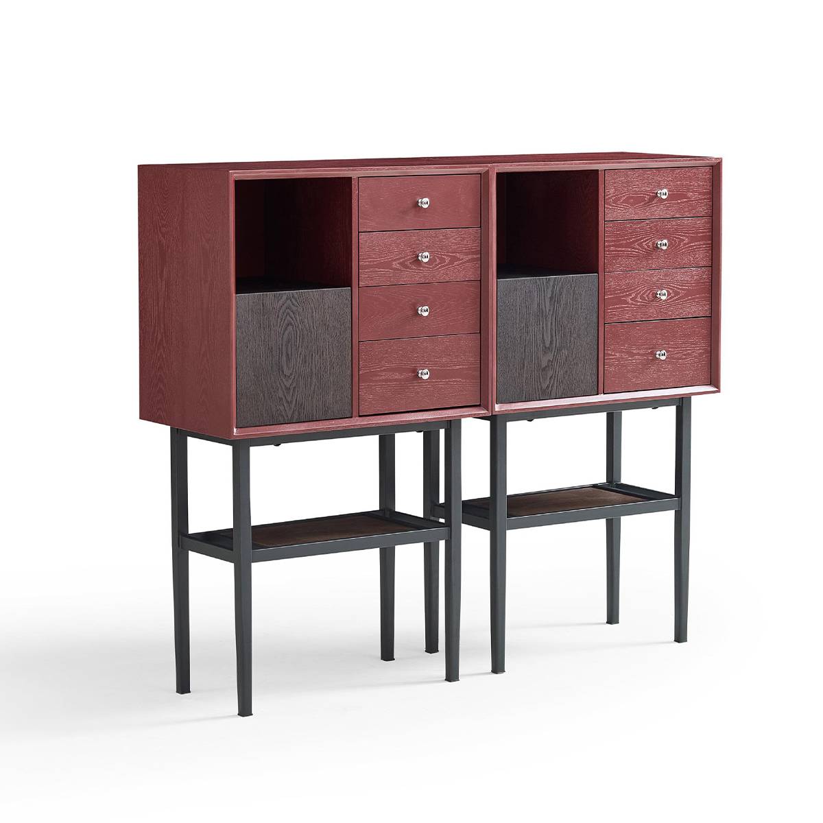 Two red modern high cabinets placed side by side showing the steel frame and lower shelf