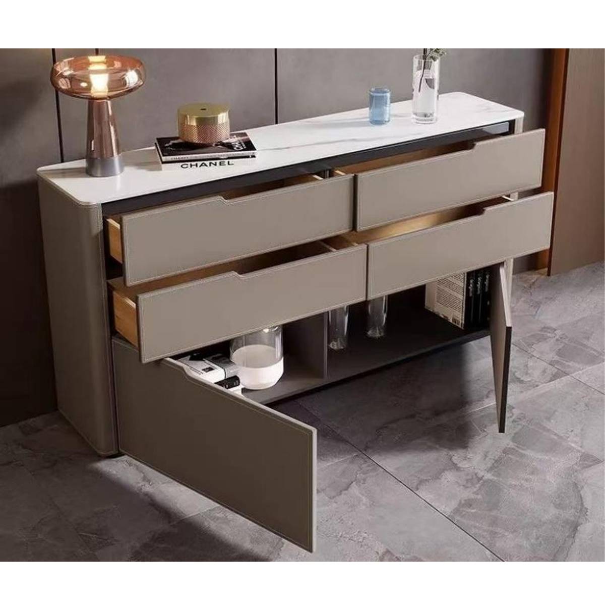 Sideboard with drawers and cabinet doors open, revealing internal storage compartments and wooden drawer interiors.