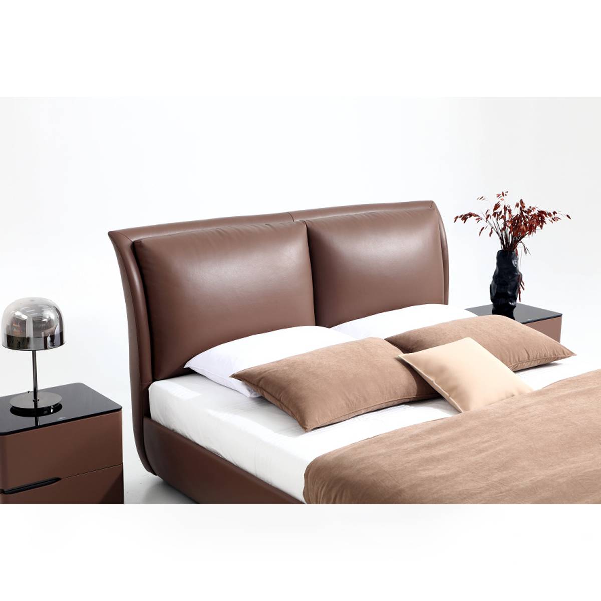 Close-up view of the bed headboard and pillows