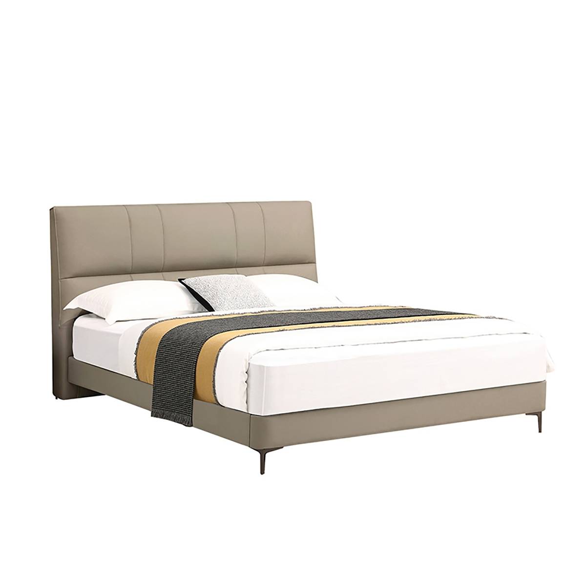 Beige modern minimalist leather bed in a bedroom setting