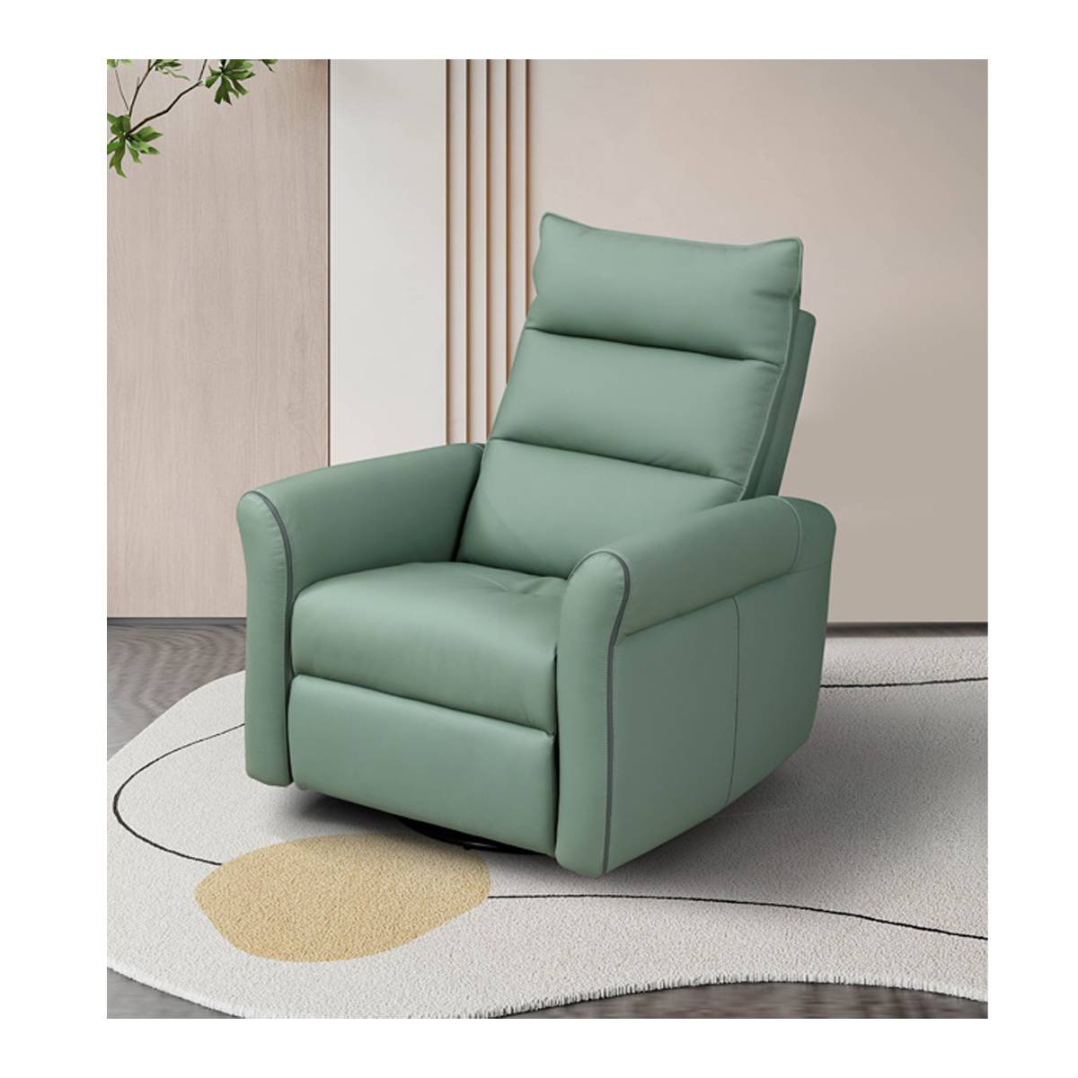 Green manual recliner chair in an upright position
