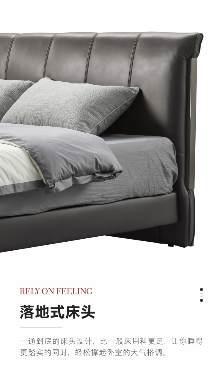 Close-up of the grey leather headboard showing vertical stitching details