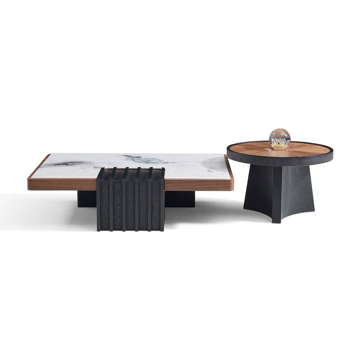 Front view of the coffee table set highlighting the slatted base and pedestal leg.