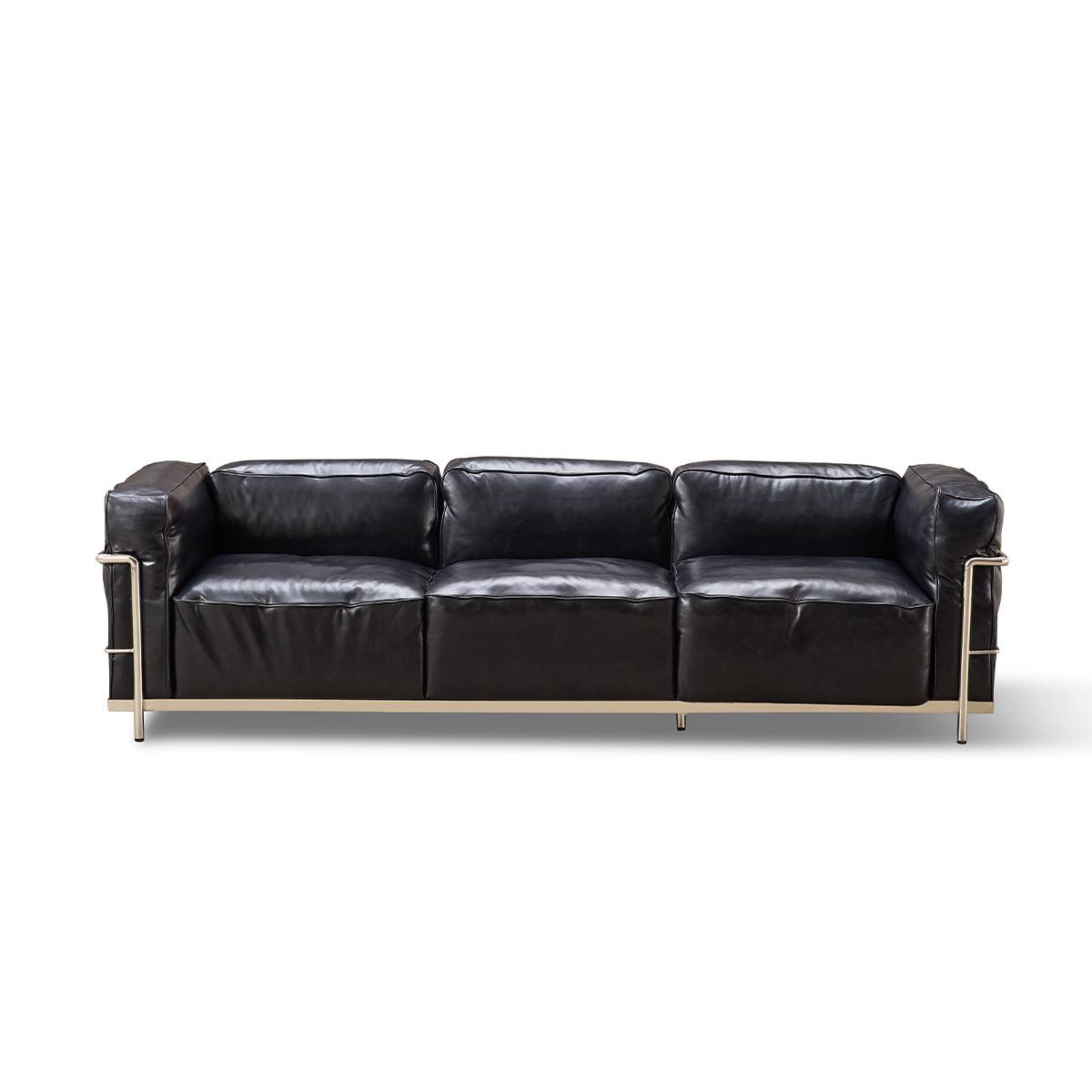 Front view of the black leather sofa highlighting the three seat cushions